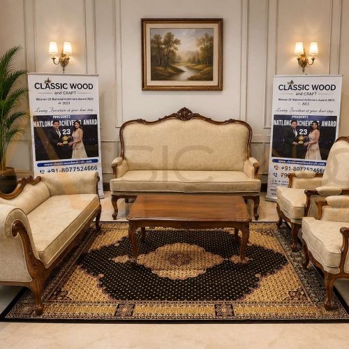 Royal Teak Wood 5 Seater Sofa Set (3+1+1) Center Table Handcrafted Wooden Living Room Furniture