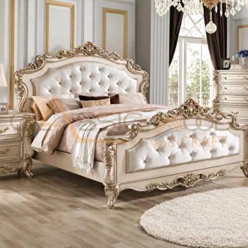 King Size Bed Luxury Teak Wood Tufted Upholstery Hand Carved Designer Bed Royal Bedroom Furniture