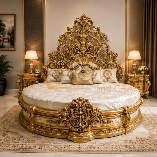 Royal Luxury Round Bed Teak Wood King Size Upholstered Bed Hand Carved Golden Finish