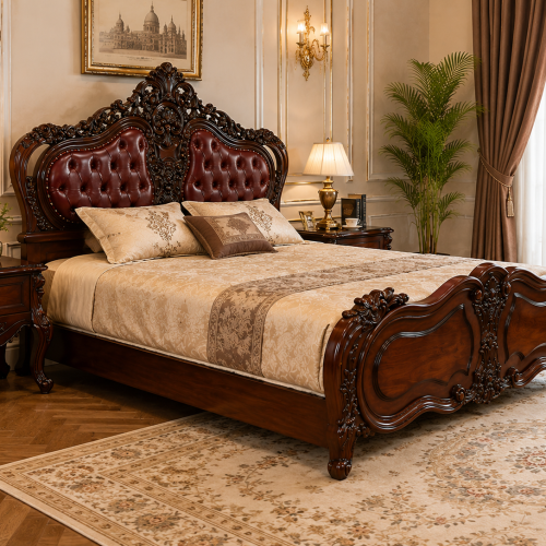 Bed Hand Carved King Size Wooden Bed Frame Classic Bedroom Furniture Upholstered Headboard