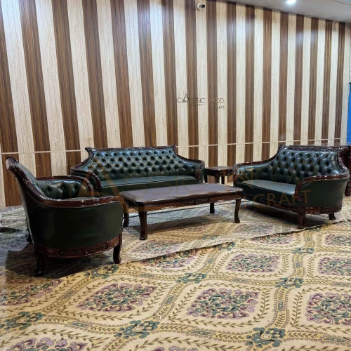 Premium Chesterfield Style Green Leather Sofa Set with Center Table