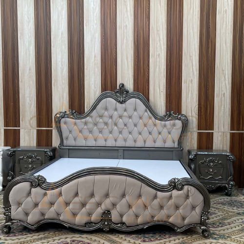 Premium Royal King Size Bed in Metallic Grey Finish with Button-Tufted Headboard