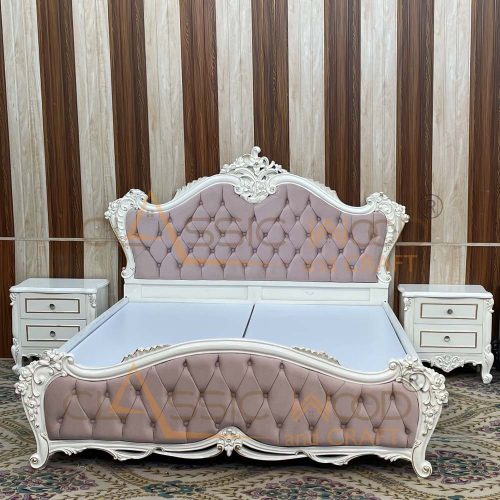 Royal Deco White Bed Royal Carved King Size Bed with Tufted Velvet Headboard – White & Blush Finish